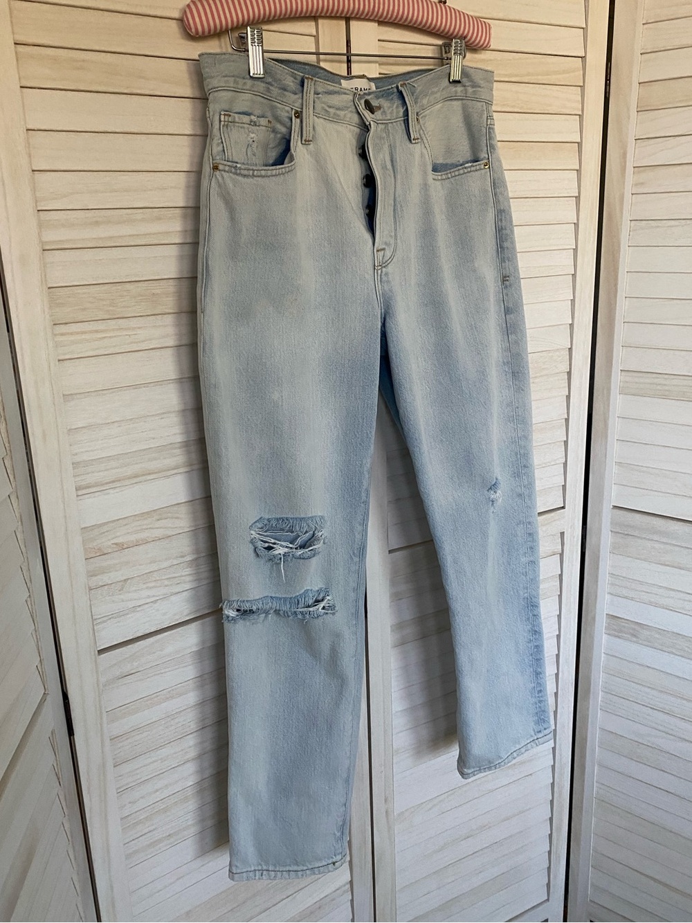 Frame Denim Light Blue Straight Leg Distressed Button Fly Jeans SZ 28 - Picture 6 of 14